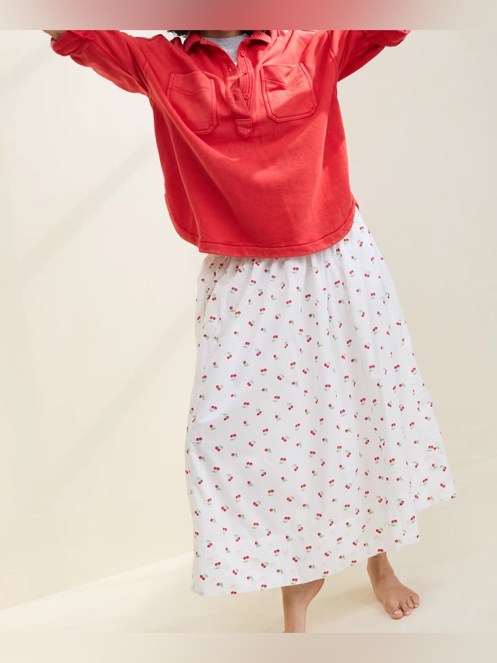Aerie The New Essential White Cotton Maxi Skirt with Red Cherry Print S